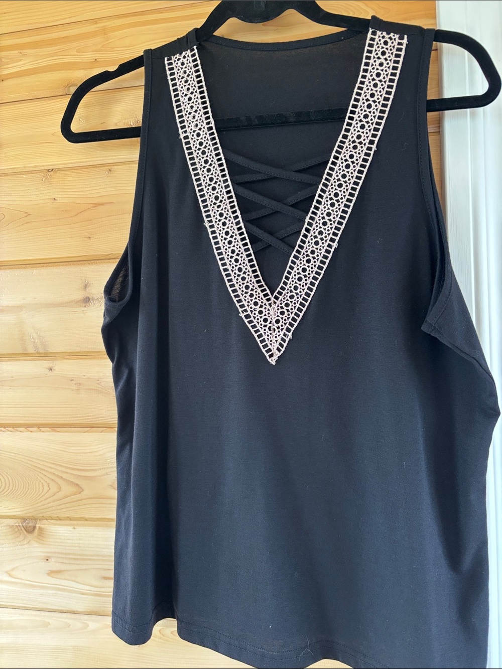 Black Tank Top with Crochet V-Neck